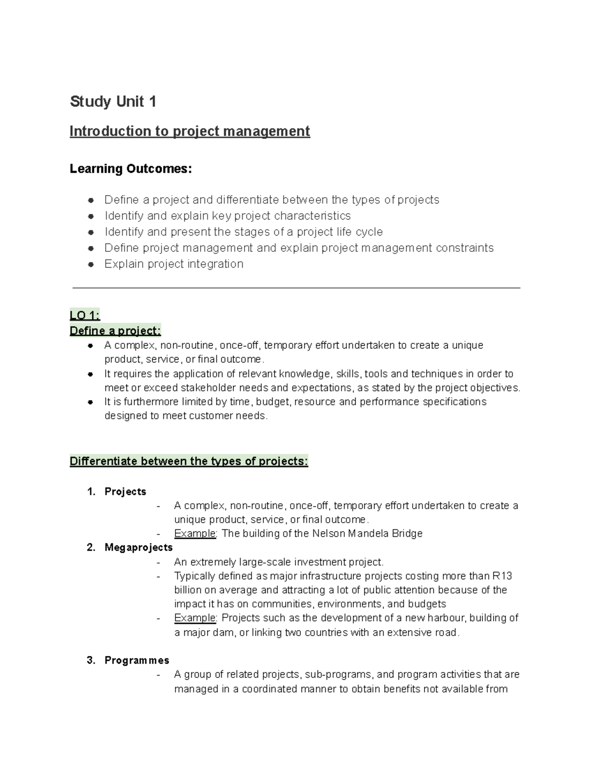 BMAN 329 Unit 1: Intro to Project Management & Key Concepts - Studocu