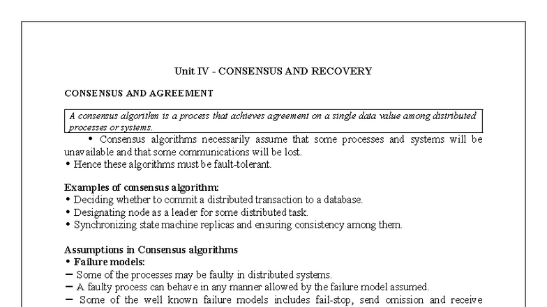 Unit IV CS3551: Consensus Algorithms and Recovery Mechanisms - Studocu