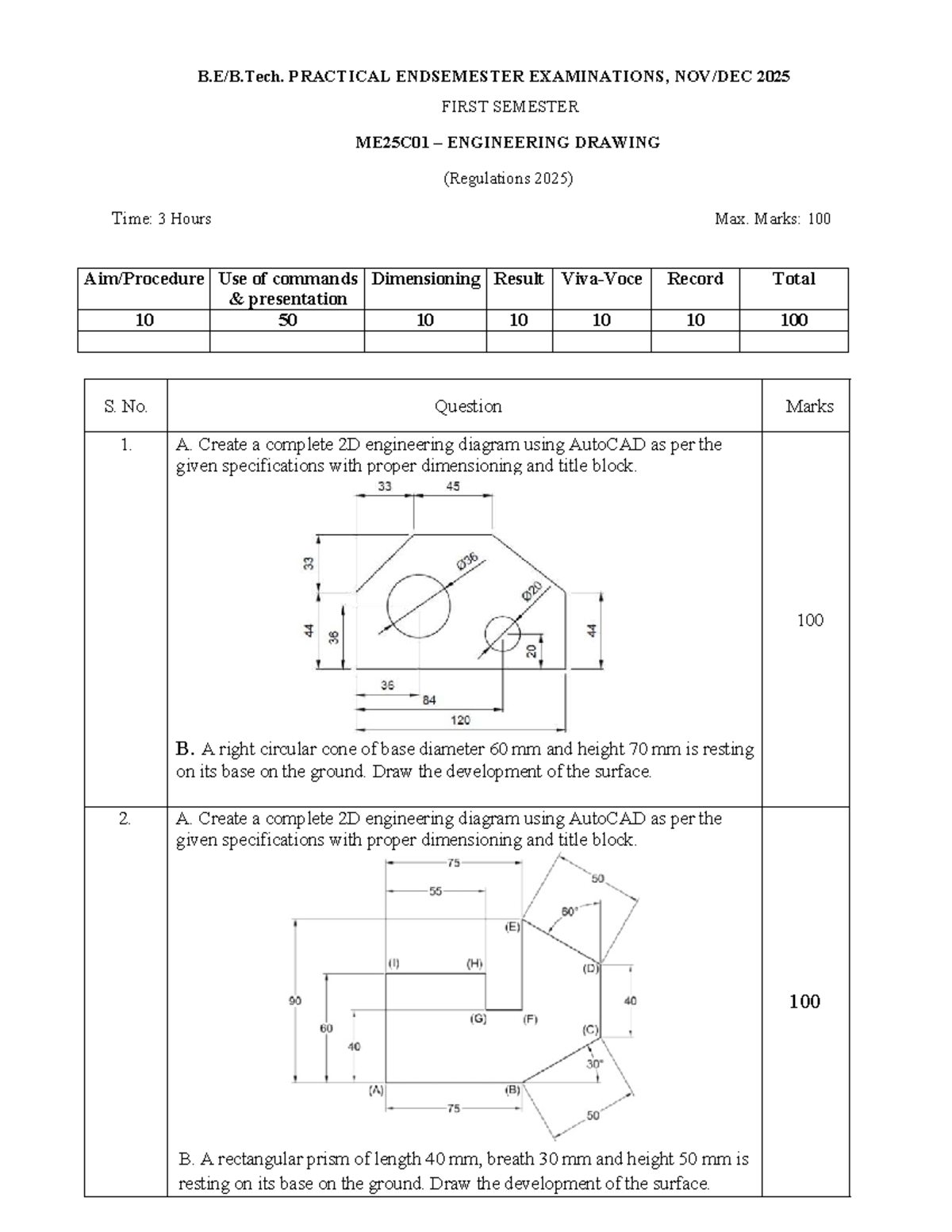 ME25C01 Engineering Drawing End Semester Exam 2025 Guidelines - Studocu