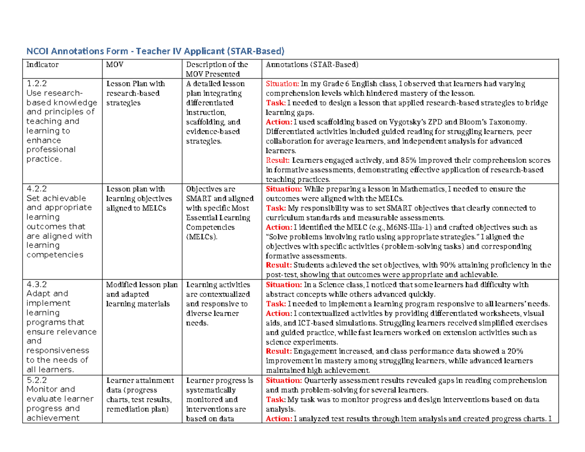 NCOI Teacher IV Lesson Plan Annotations & Strategies for MELCs - Studocu