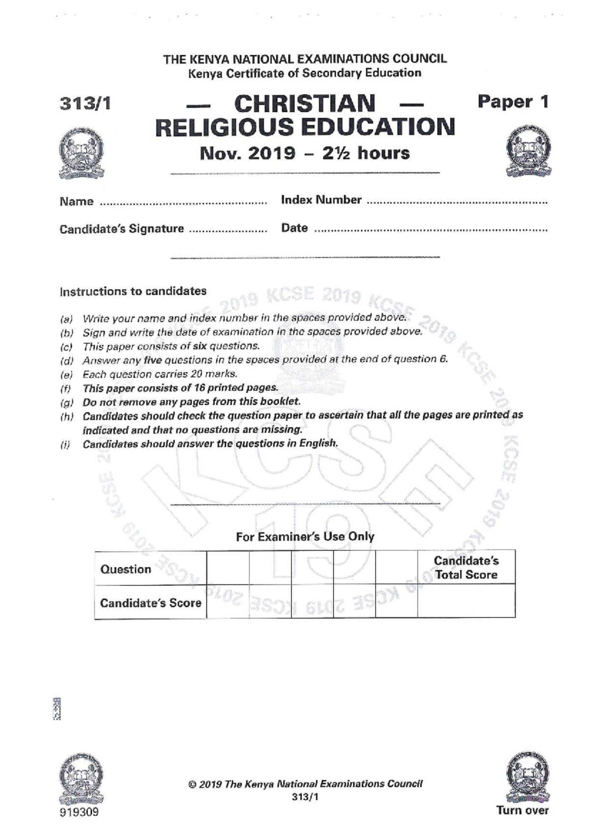 2019 KCSE CRE Paper 1 - Key Questions & Insights - Studocu
