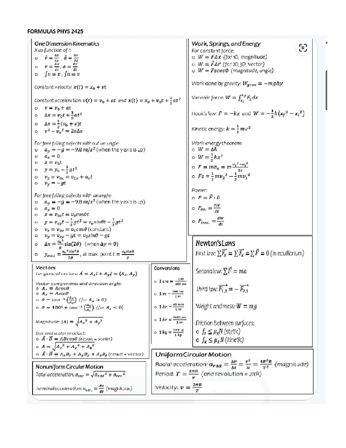 PHYS 2425 Final Exam Formula Sheet: Kinematics, Work, Energy, and More ...