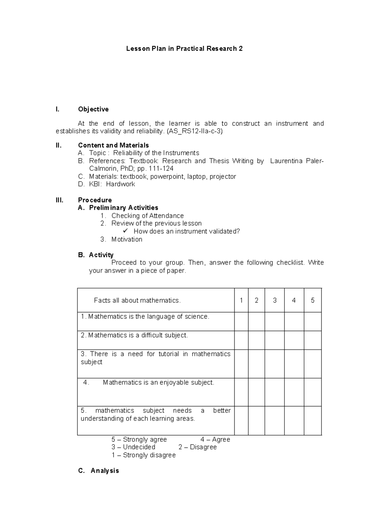 Reliability of Instruments in Practical Research 2 Lesson Plan - Studocu