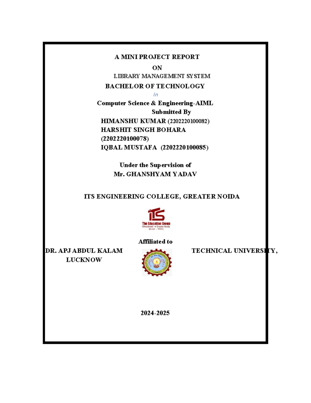 Mini Project Report: Library Management System (B.Tech CSE) - Studocu