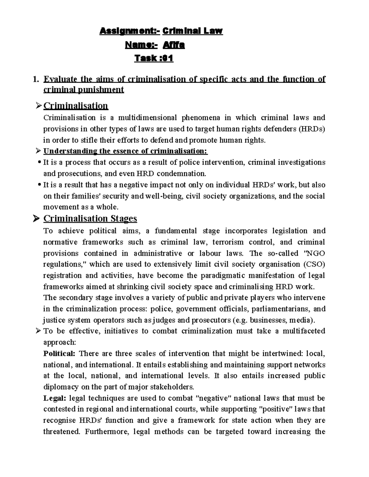 Criminal Law AFIFA Task 01 & 02: Analysis of Criminalisation and ...