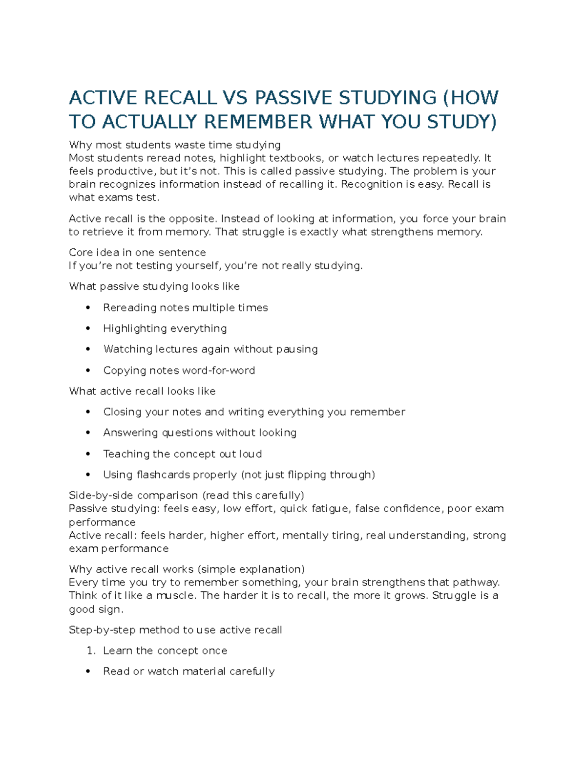 ACTIVE RECALL VS PASSIVE STUDYING: EFFECTIVE STUDY TECHNIQUES - Studocu