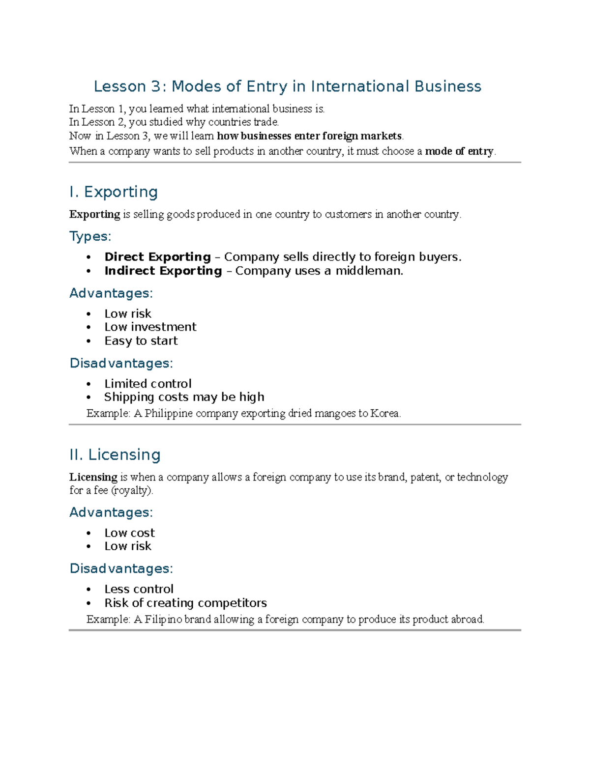 L3-IBT: Modes of Entry in International Business - Lesson 3 - Studocu
