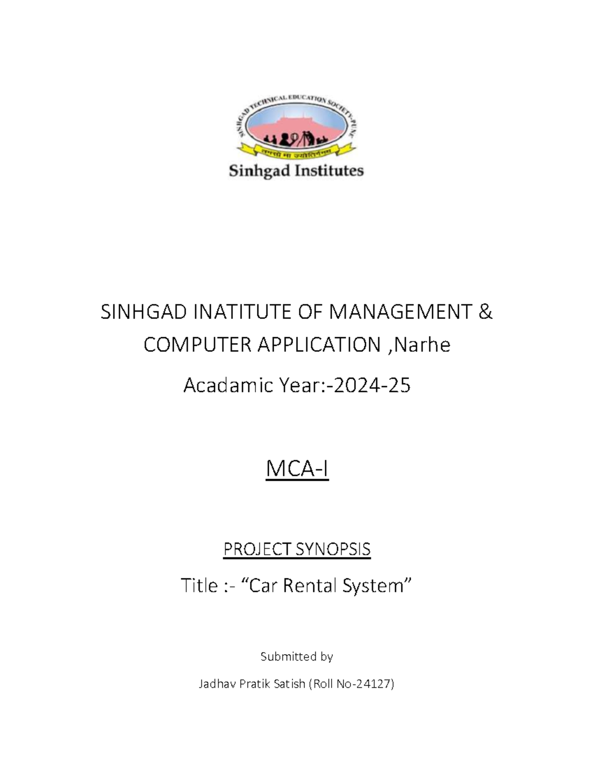 MCA-I Project Synopsis: Car Rental System Development Plan - Studocu