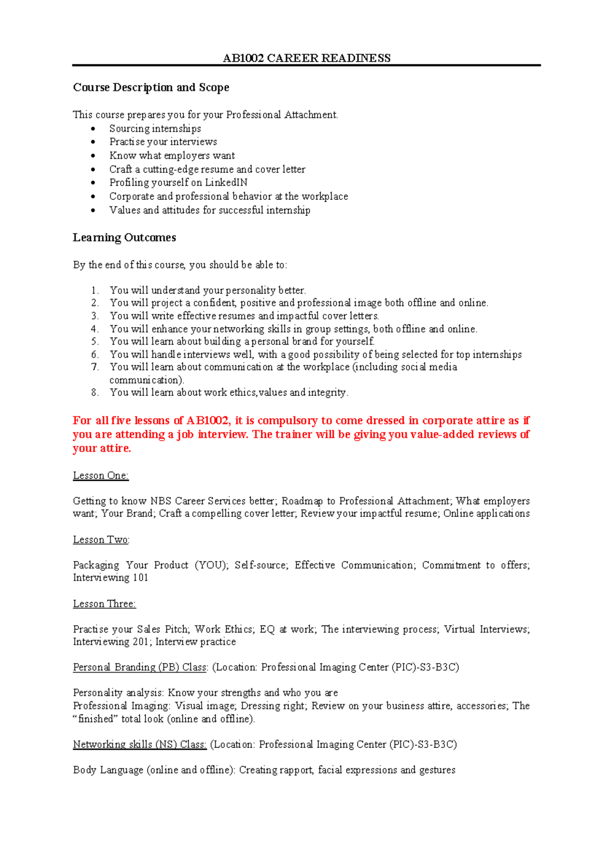 AB1002 Career Readiness Course Outline Sem 1 AY2020-21 copy - AB 1002 ...