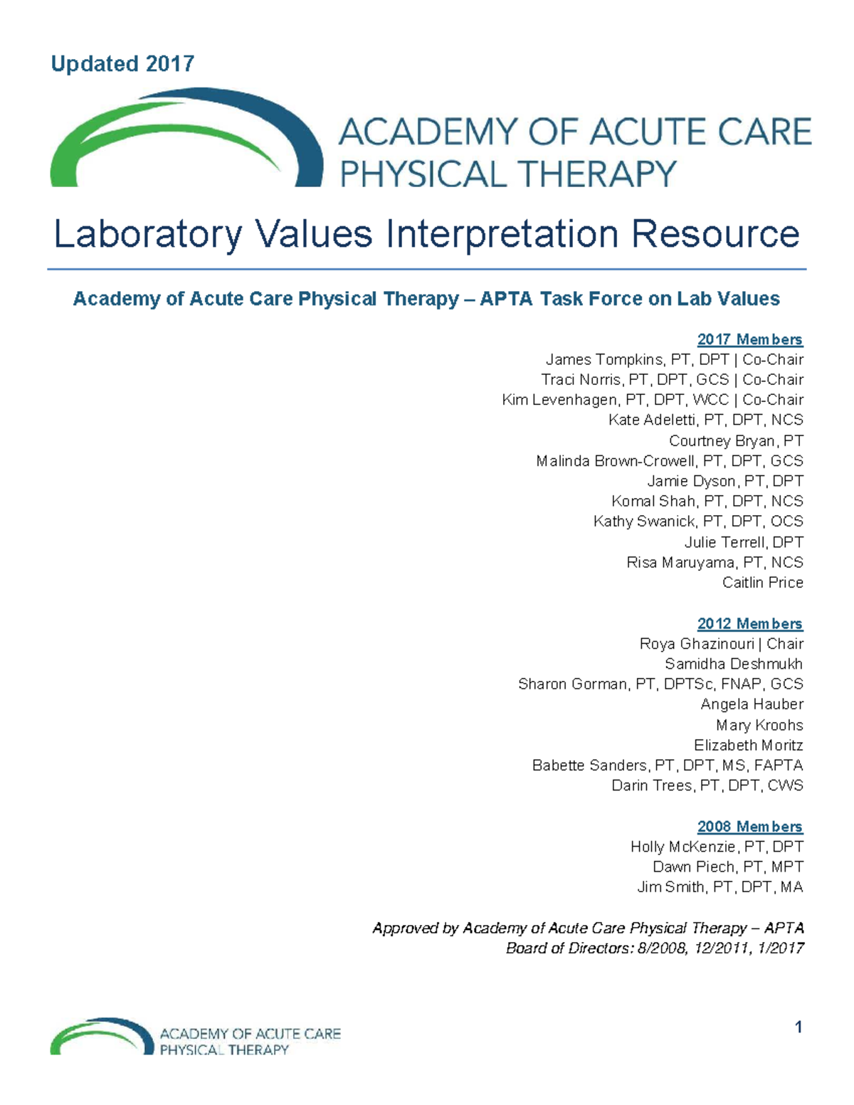 Updated 2017 Lab Values Interpretation Resource for Acute Care PT - Studocu