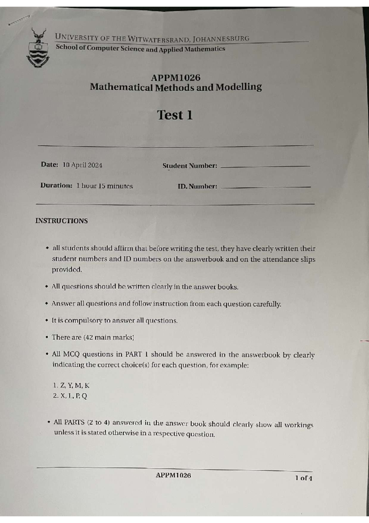 APPM1026 Mathematical Methods & Modelling Test 1 - 2024 Sem 1 - Studocu