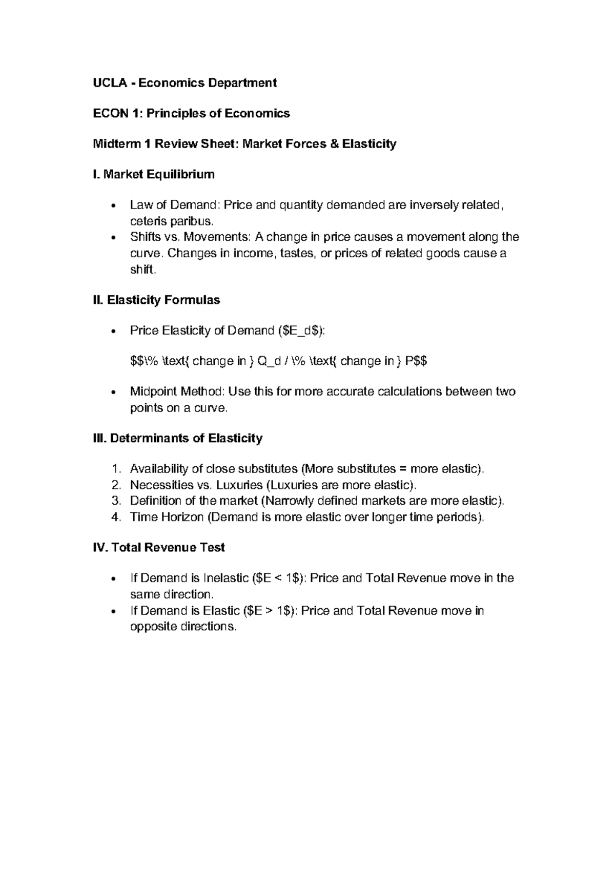ECON 1: UCLA Principles of Economics Midterm 1 Review - Elasticity ...