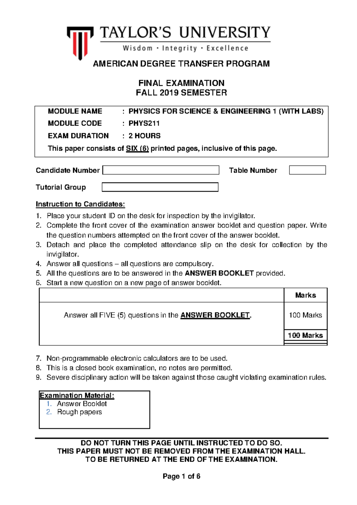 PHYS211 2019 Fall Final Exam - Physics for Science & Engineering 1 ...