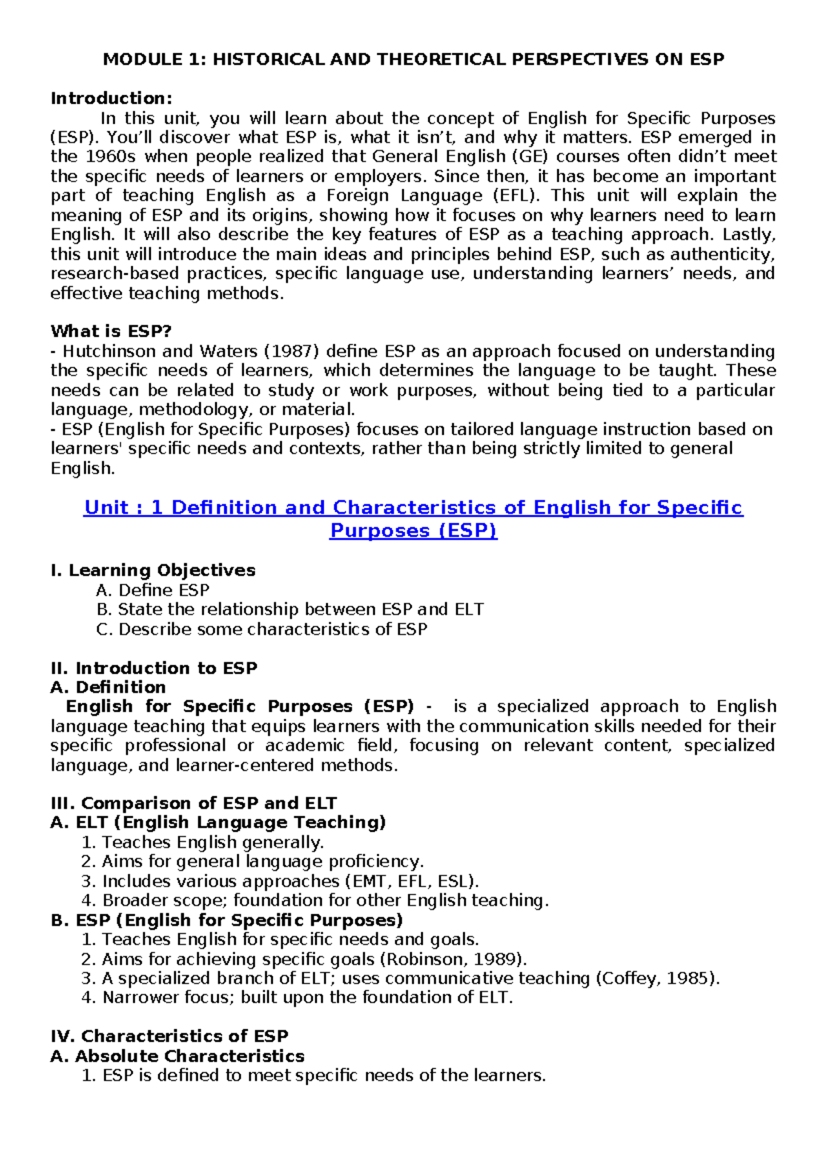 Module 1 & 2: ESP Concepts & Teacher Training Overview - Studocu