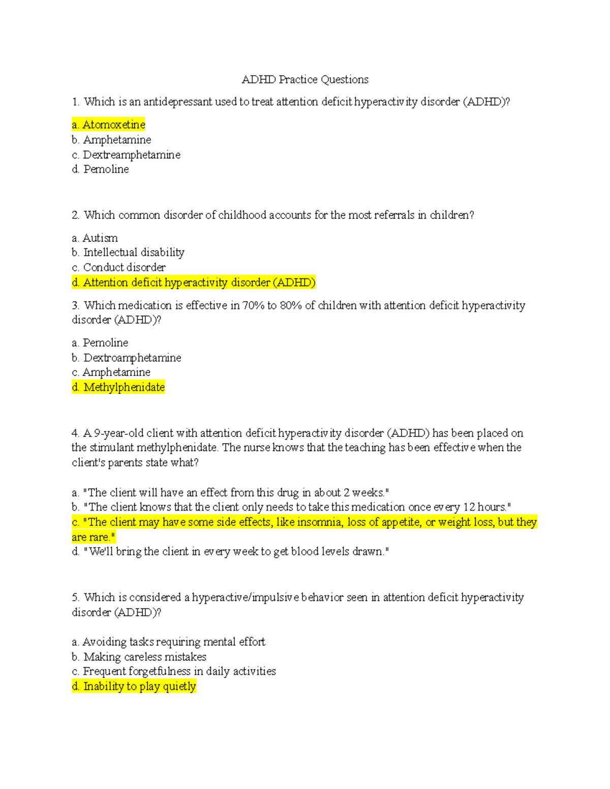 ADHD Practice Questions for Exam Prep - Studocu