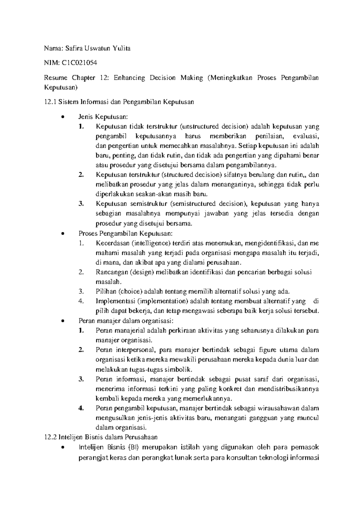 Chapter 12: Enhancing Decision Making Concepts (Course C1C) - Studocu