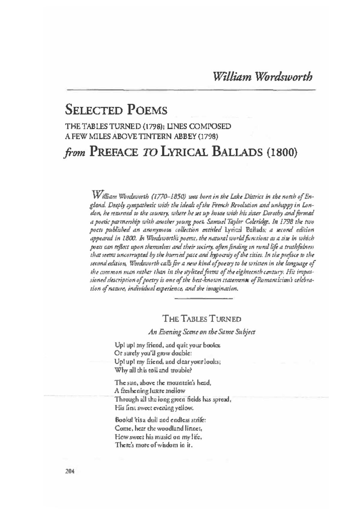 Wordsworth's Selected Poems: The Tables Turned & Tintern Abbey - Studocu