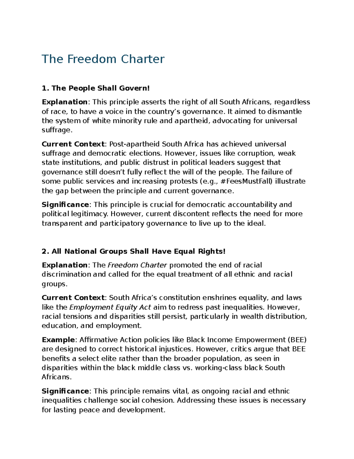 Analysis of the Freedom Charter Principles and Current Context - Studocu