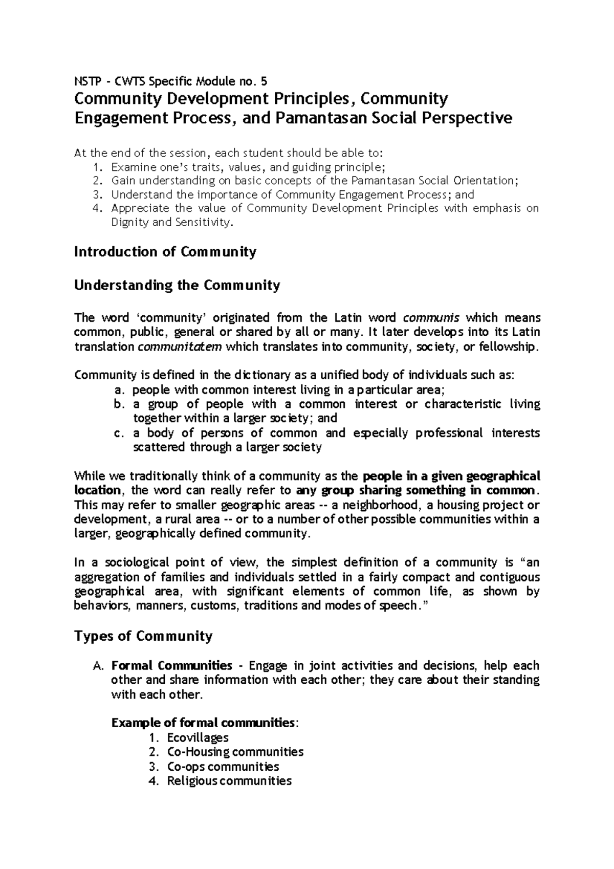 NSTP-CWTS Module 5: Community Development & Engagement Principles - Studocu