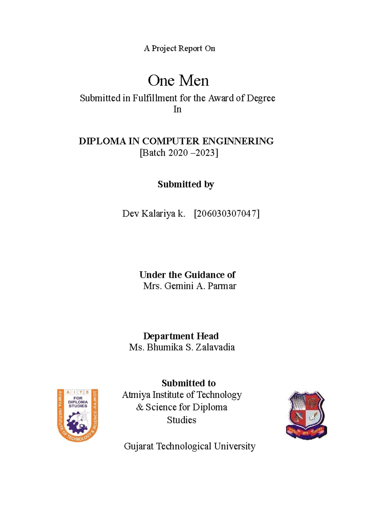 Project Report on One Men - Diploma in Computer Engineering (Dev 123 ...
