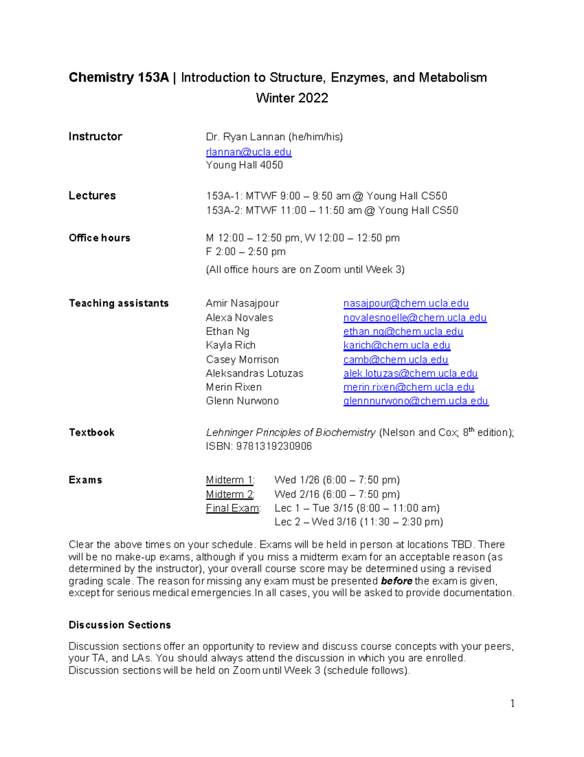 W22 - Chem 153A Syllabus & Lecture Schedule Overview - Studocu