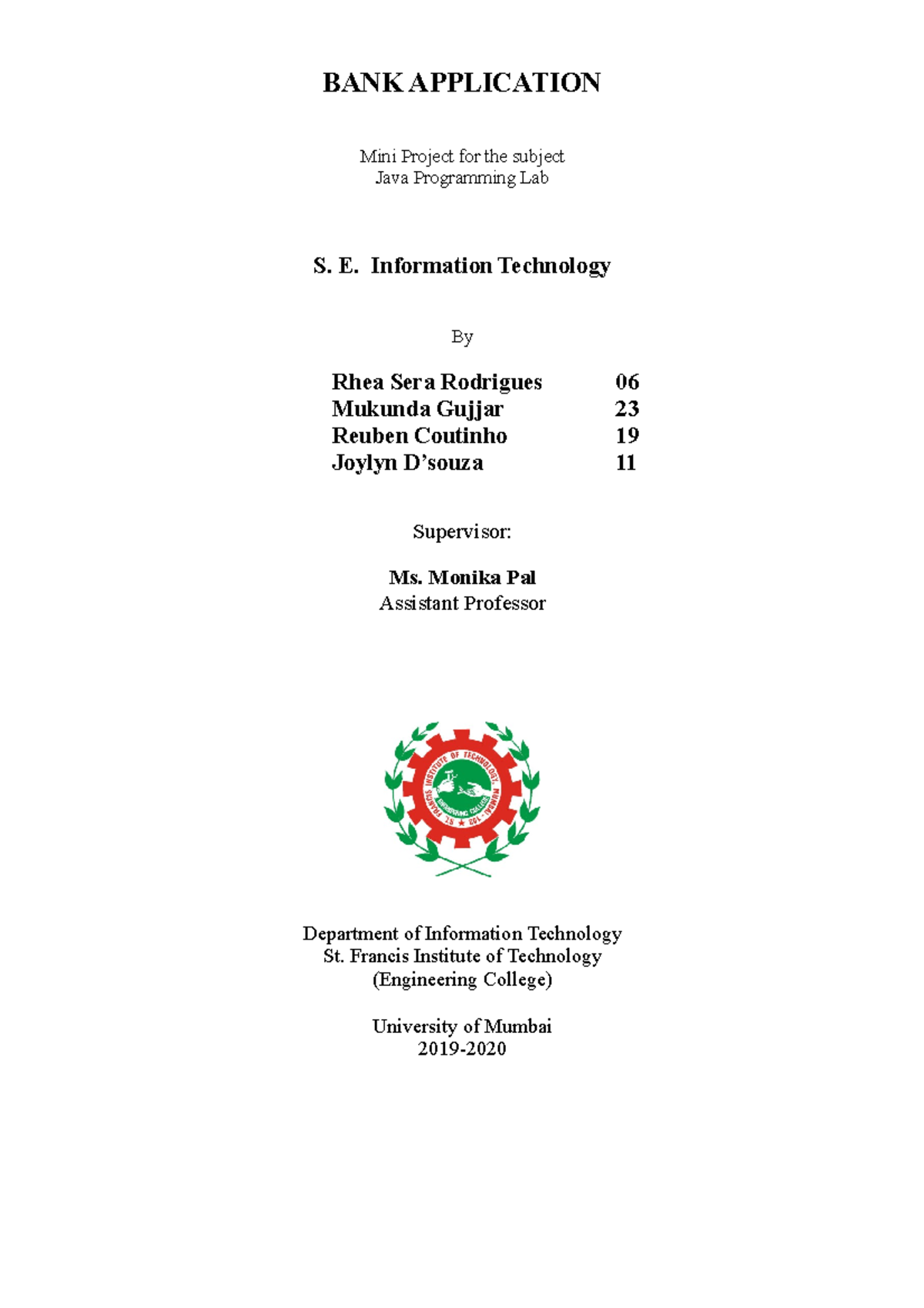 Java Programming Lab Mini Project: Bank Application Synopsis (IT) - Studocu