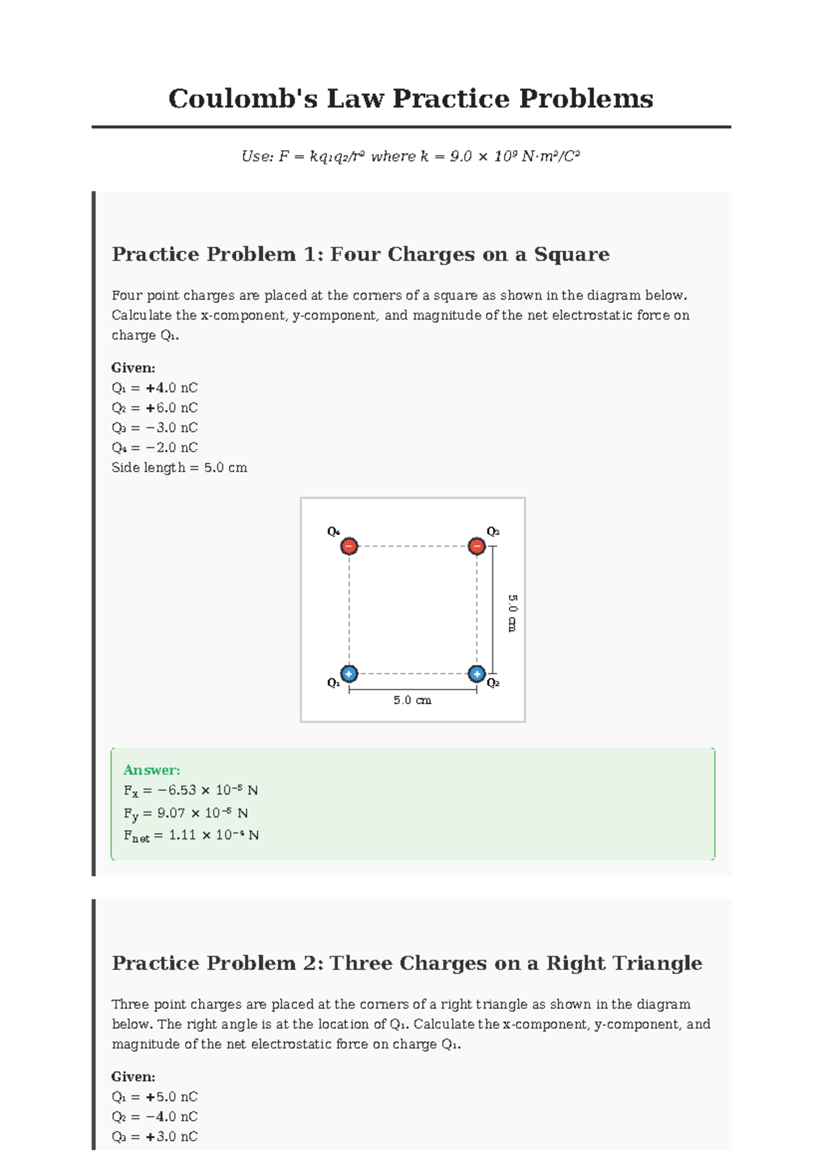 Law Practice Problems: Electrostatic Forces on Charges - Notes - Studocu