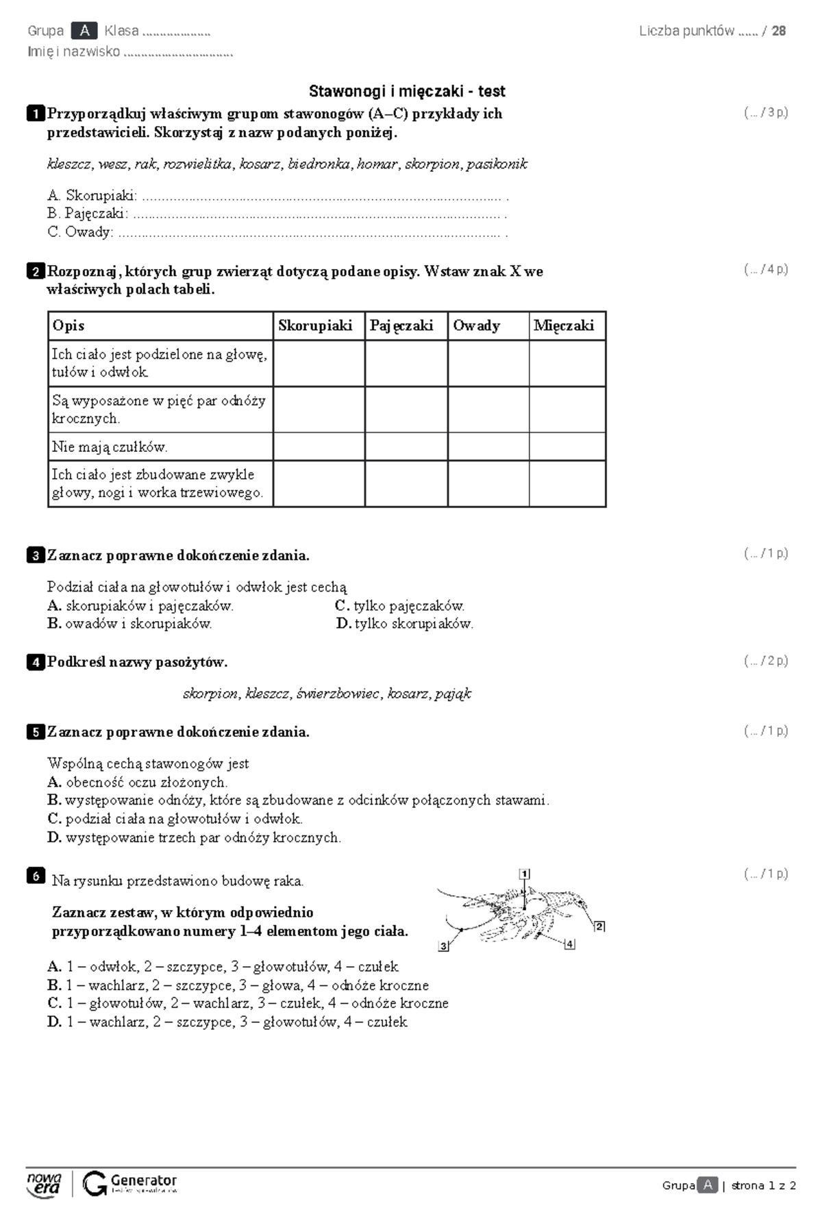 Sprawdzian Biologia Stawonogi I Mięczaki www.studocu.com