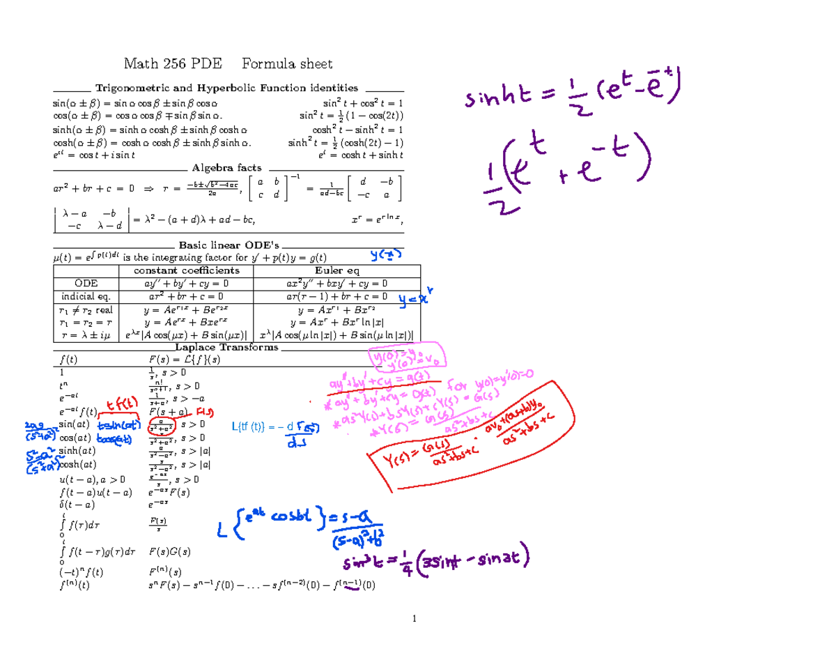 Math 256 Final Exam Formula Sheet for PDEs and ODEs - Studocu