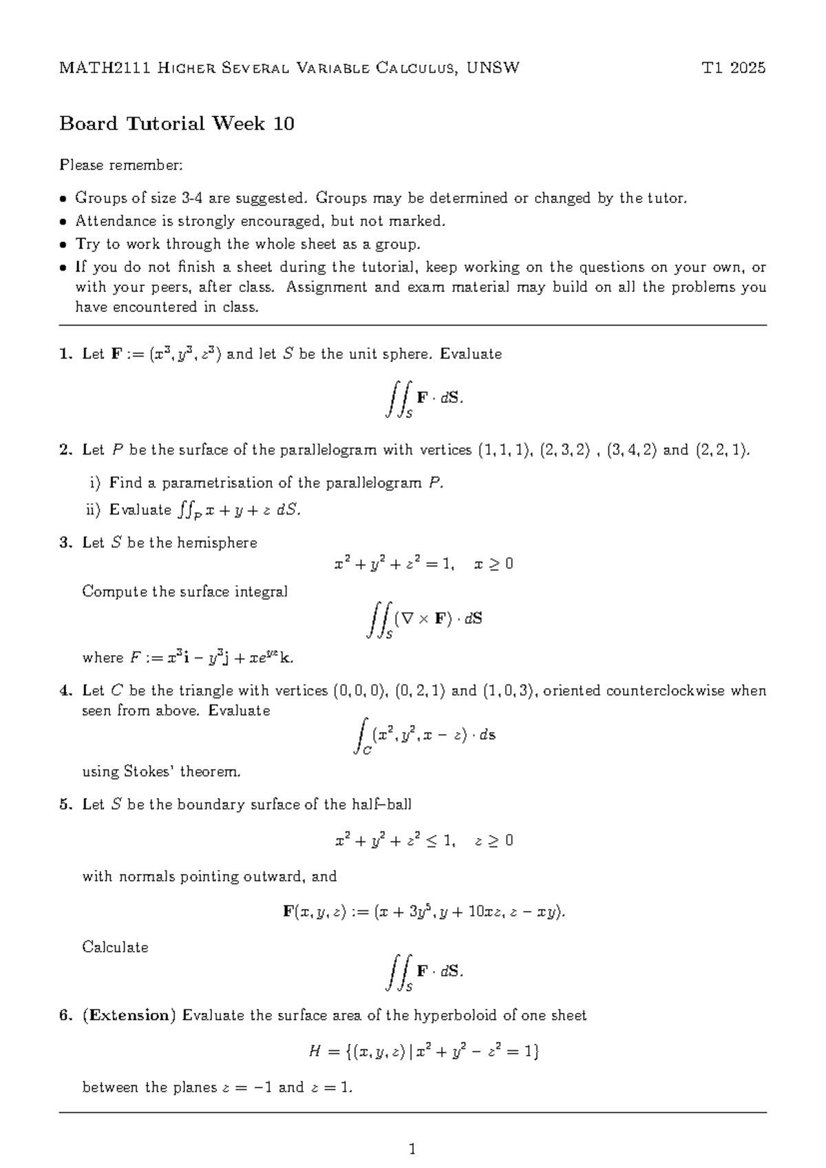 Higher Several Variable Calculus, UNSW T1 2025 Board Tutorial Week 10 ...