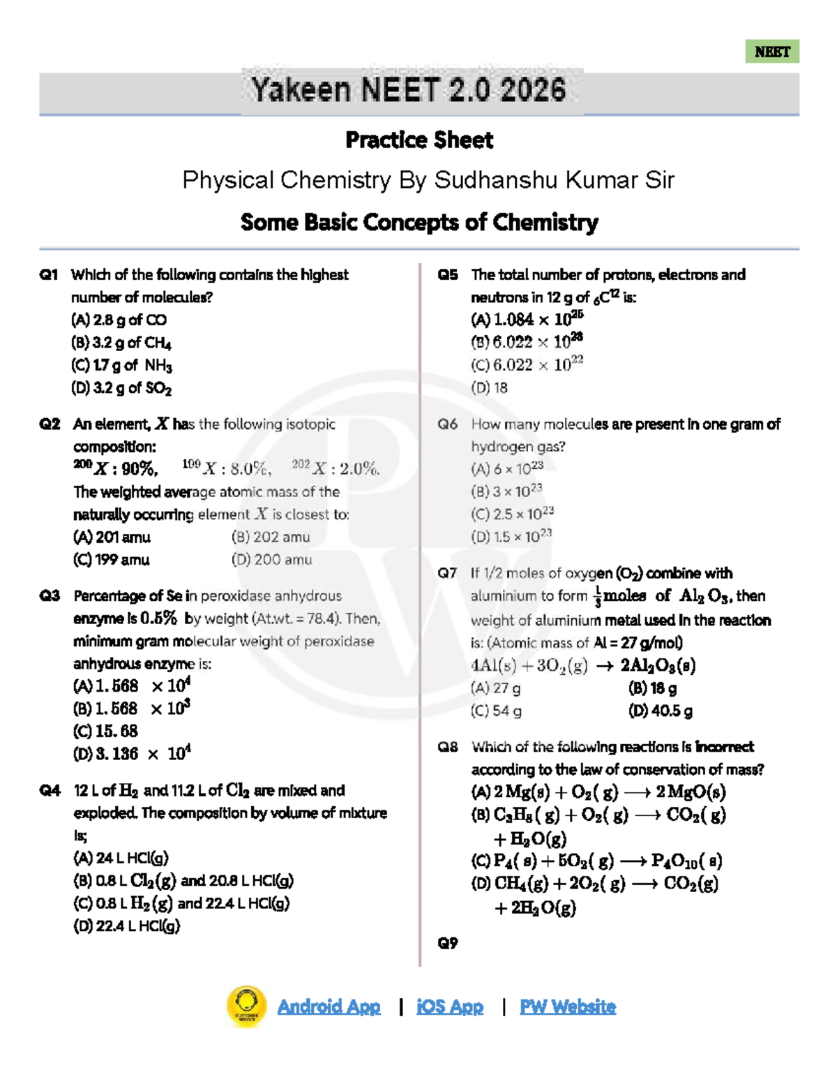 NEET 2.0 2026 Practice Sheet: Physical Chemistry Concepts - Studocu