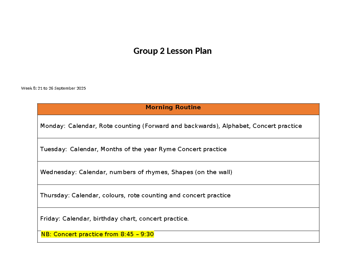 Group 2 Lesson Plan Week 8: 21-26 Sept 2025 Activities and Objectives ...