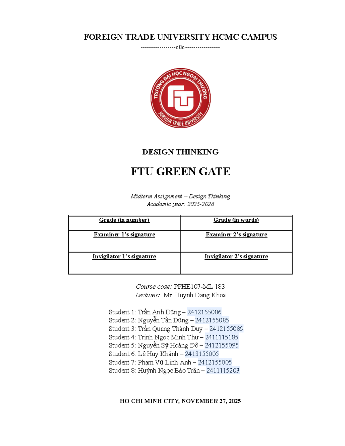 FTU HCMC Design Thinking Midterm: Green Gate Project Report - Studocu