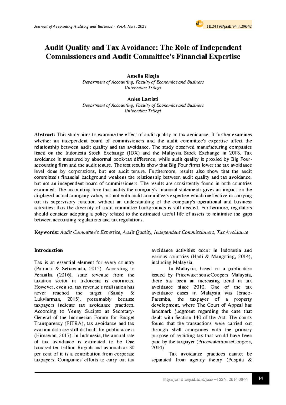 Audit Quality and Tax Avoidance: The Impact of Independent ...
