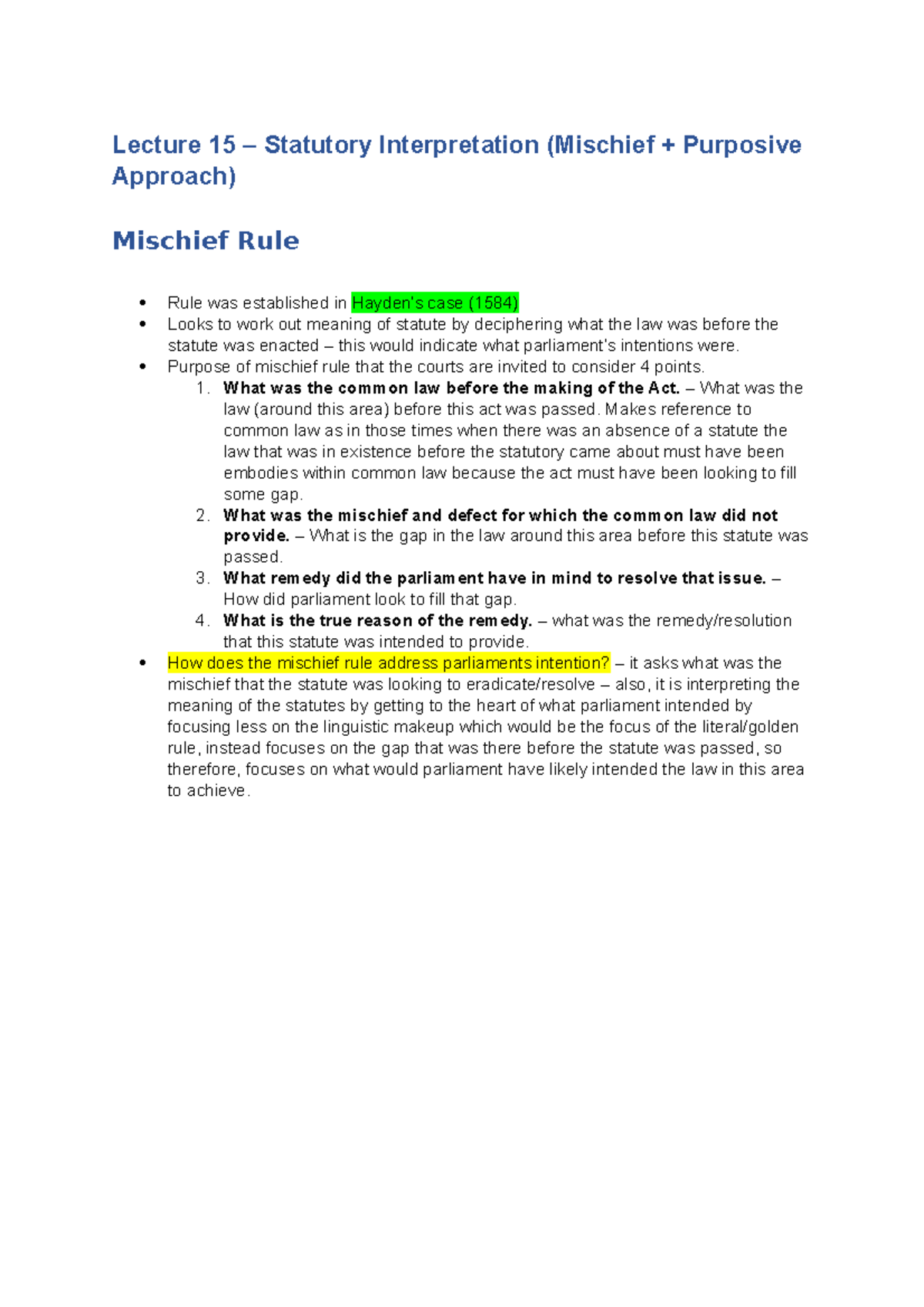 Lecture 15: Statutory Interpretation – Mischief & Purposive Approaches ...