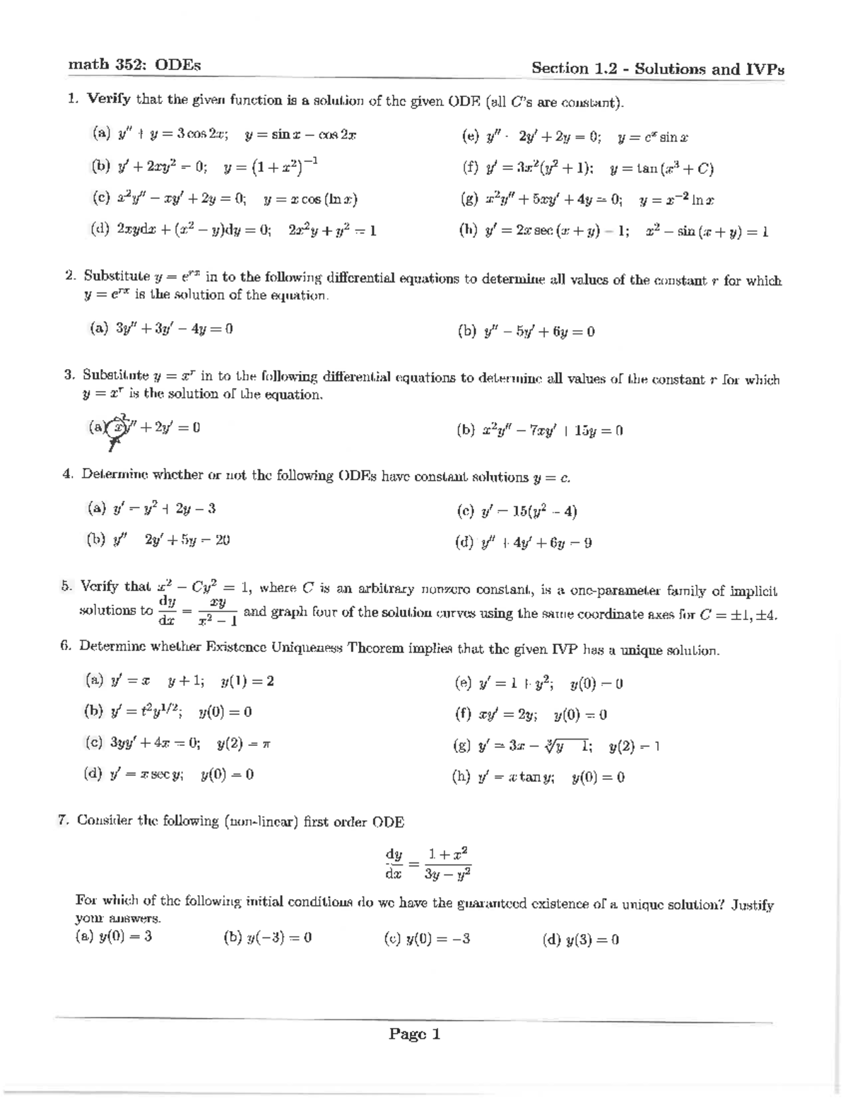 Math 352: ODEs Section 1.2 - Solutions & IVPs Analysis - Studocu