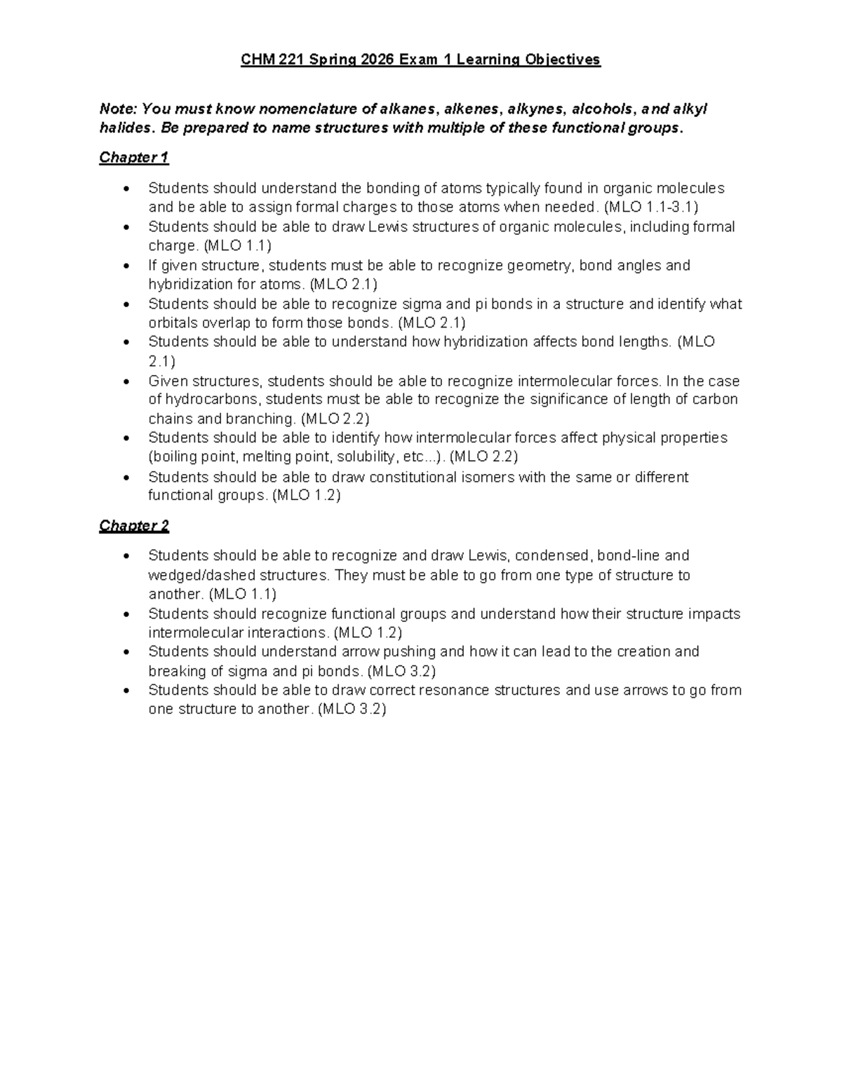 CHM 221 Spring 2026 Exam 1 Learning Objectives & Key Concepts - Studocu