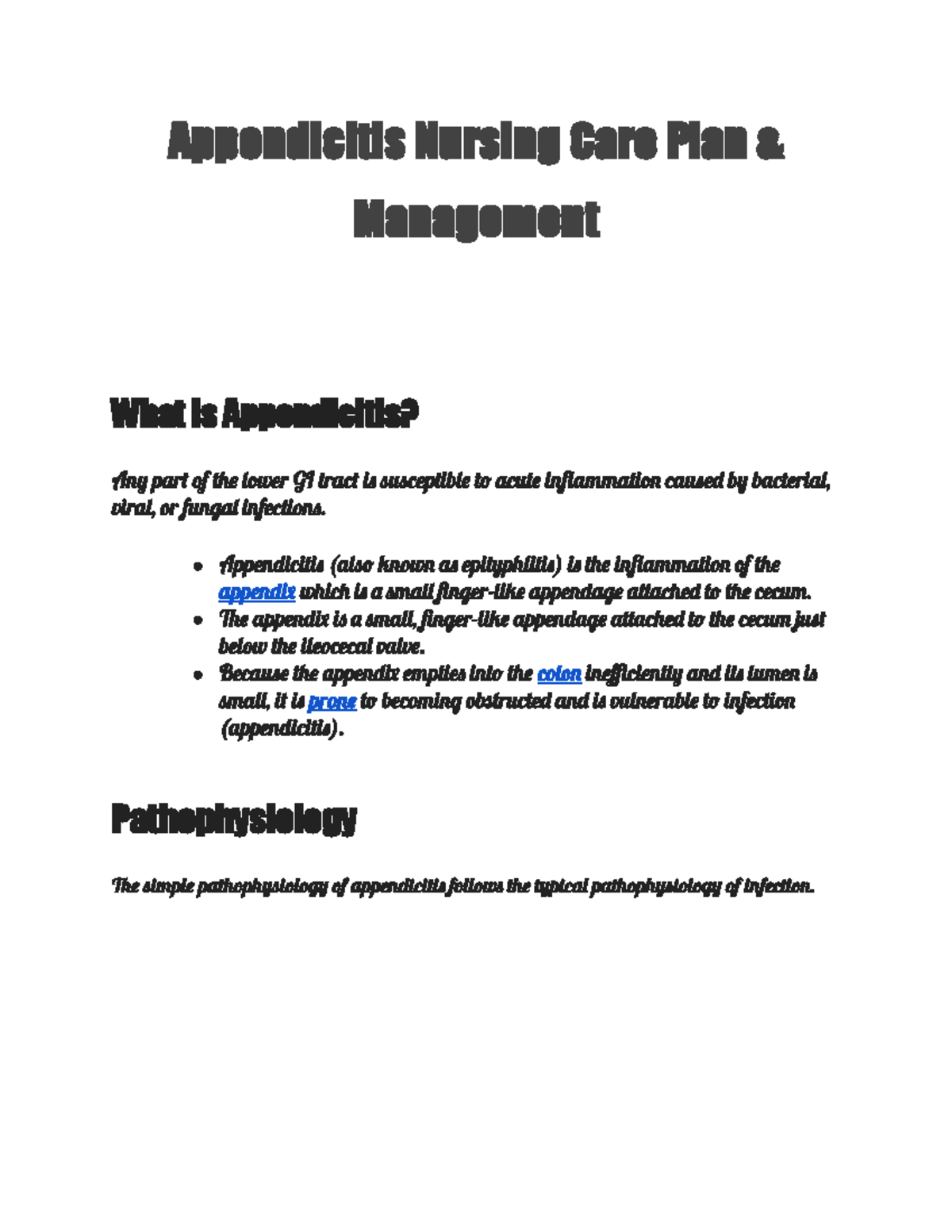 Appendicitis Nursing Care Plan & Management - Lecture Notes - Studocu