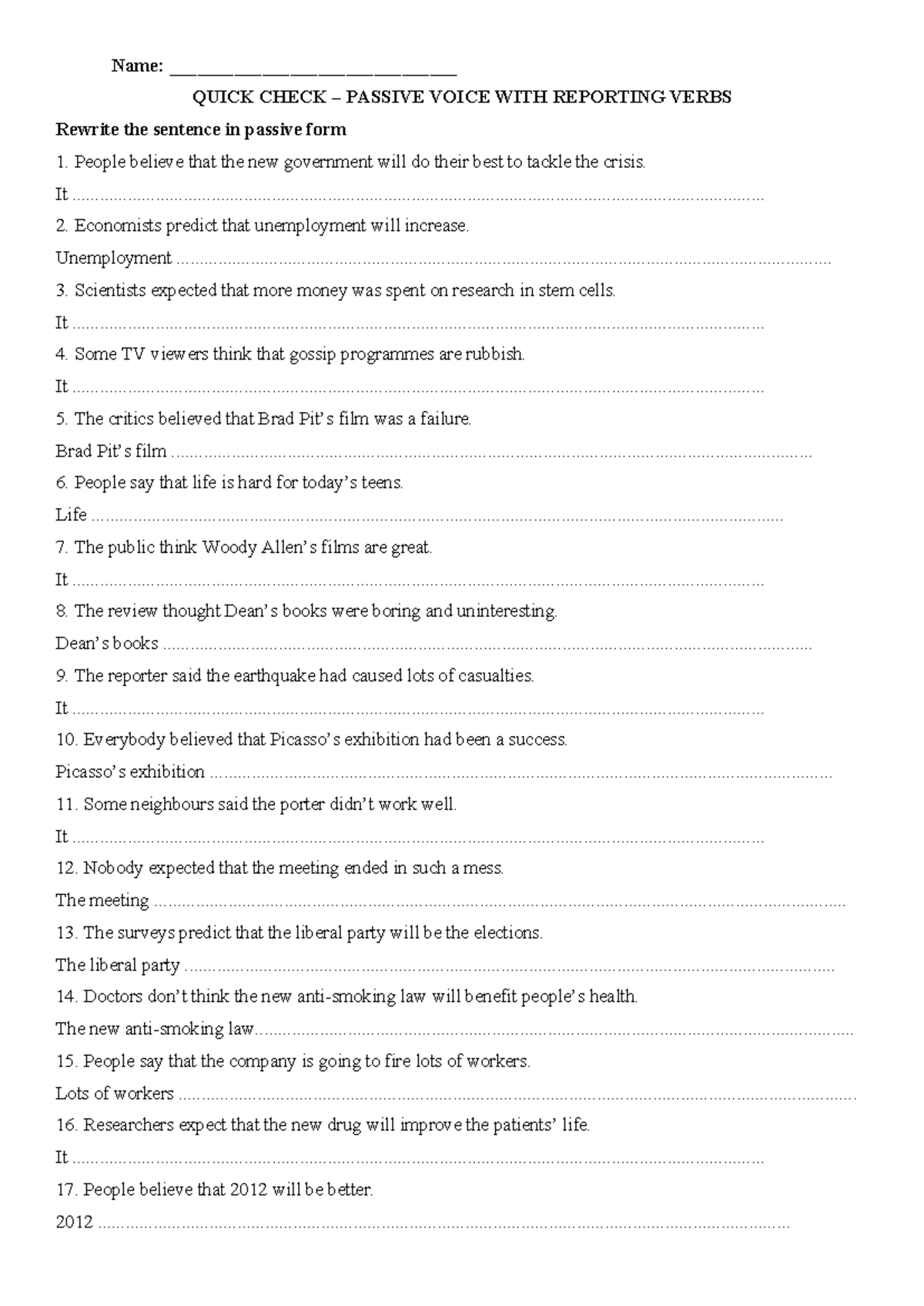 9A Quick Check: Passive Voice with Reporting Verbs - Studocu