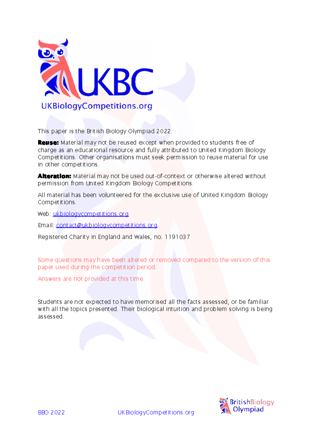BBO 2022 - British Biology Olympiad Practice Material - Studocu