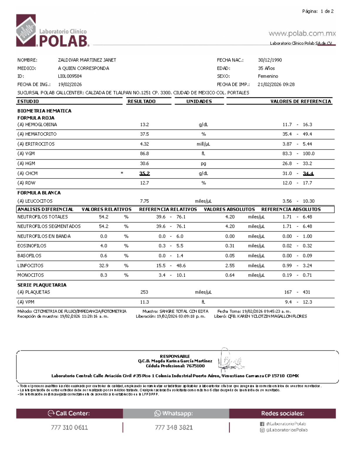 Resultados de Laboratorio Clínico Polab - Informe Completo - Studocu
