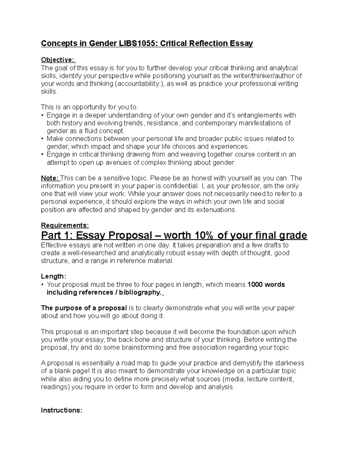 LIBS1055: Gender - Critical Reflection Essay Proposal Guidelines - Studocu