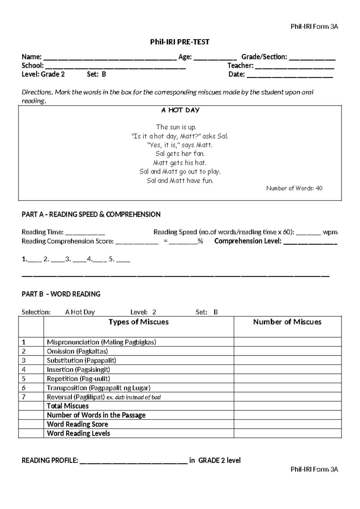 Phil-IRI Pretest Form 3A: Reading Comprehension & Speed Assessment ...