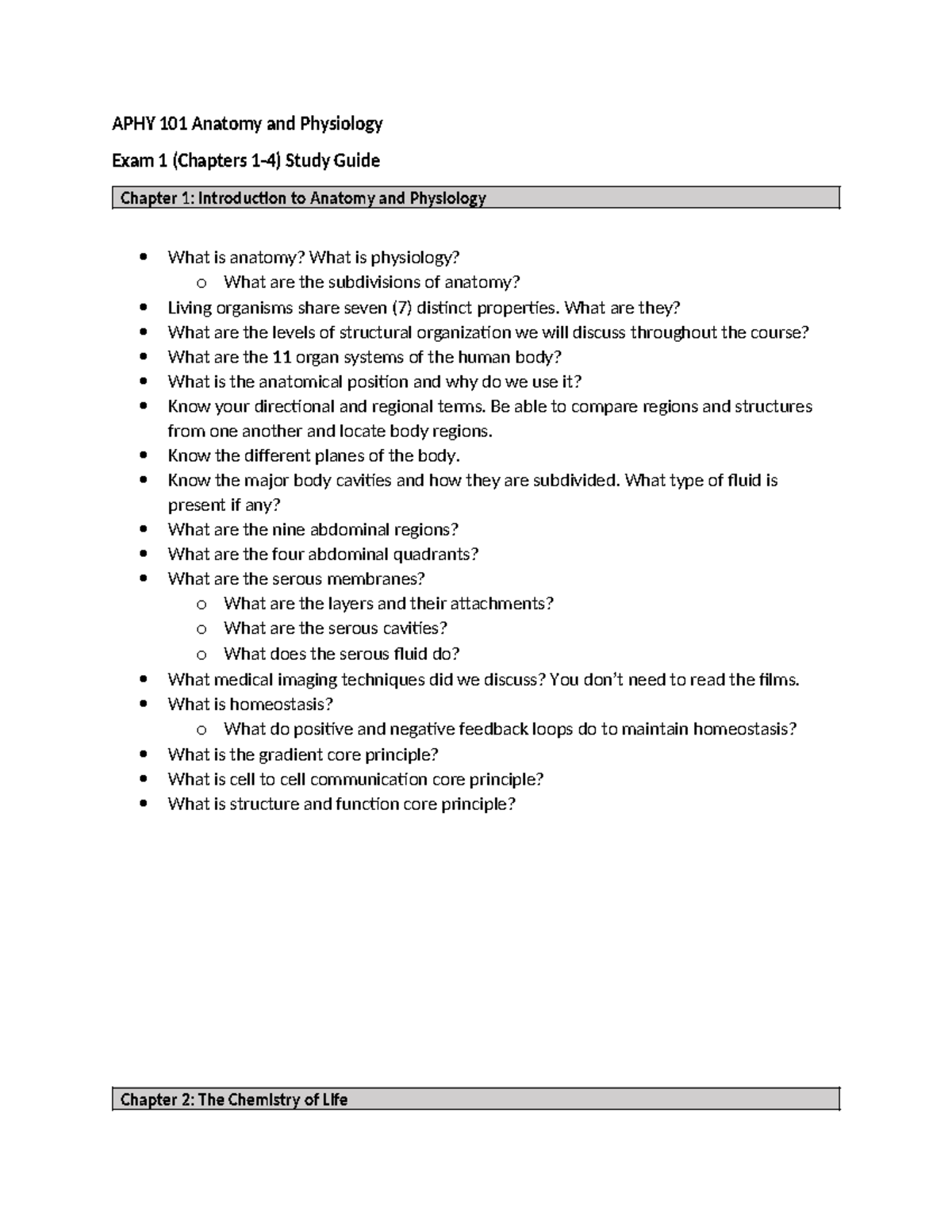 APHY 101 Exam 1 Study Guide: Anatomy & Physiology (Chapters 1-4) - Studocu