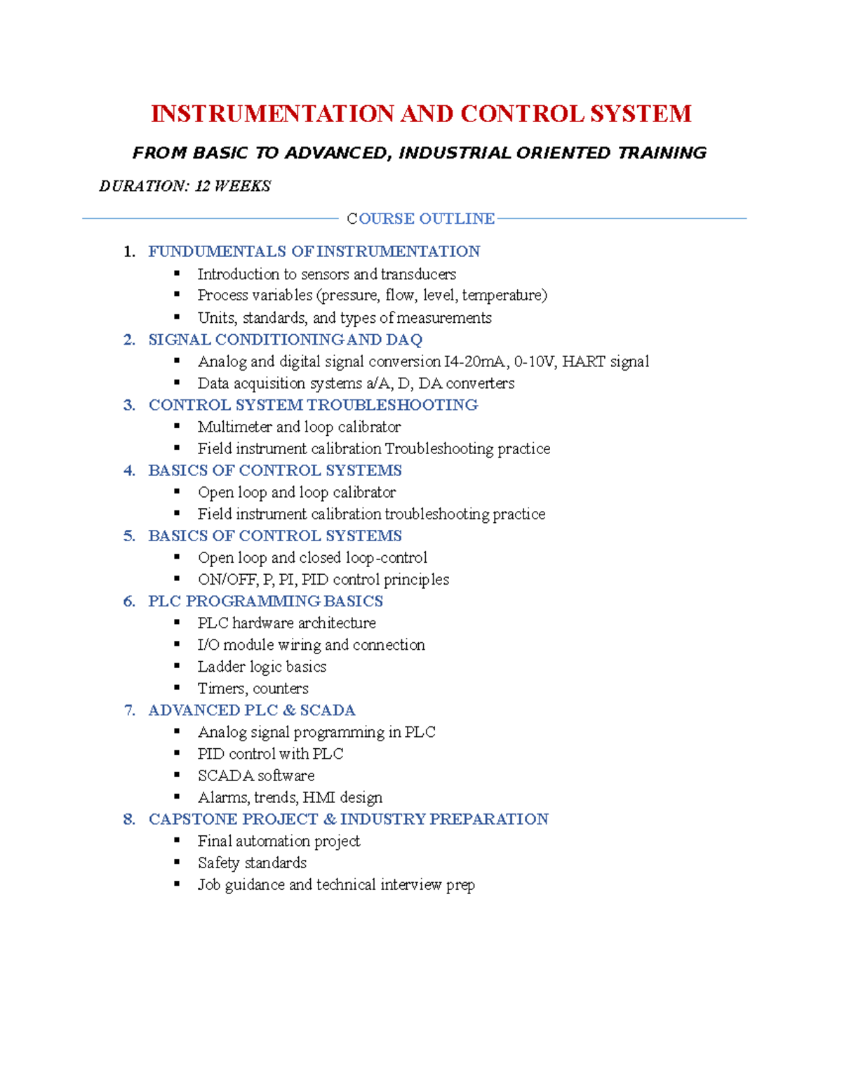 Instrumentation and Control Systems Training: 12-Week Course Outline ...