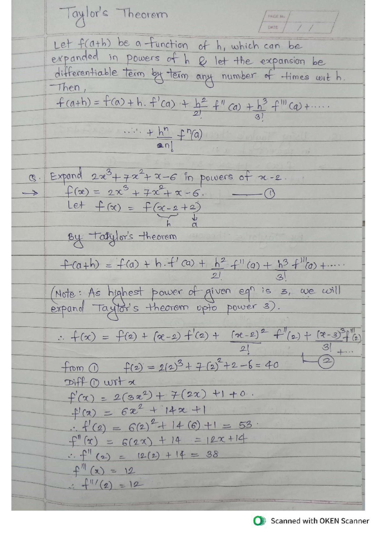 Taylor's Theorem Lec notes - Theorem PAGE No DATE Let f(ath) bE a ...