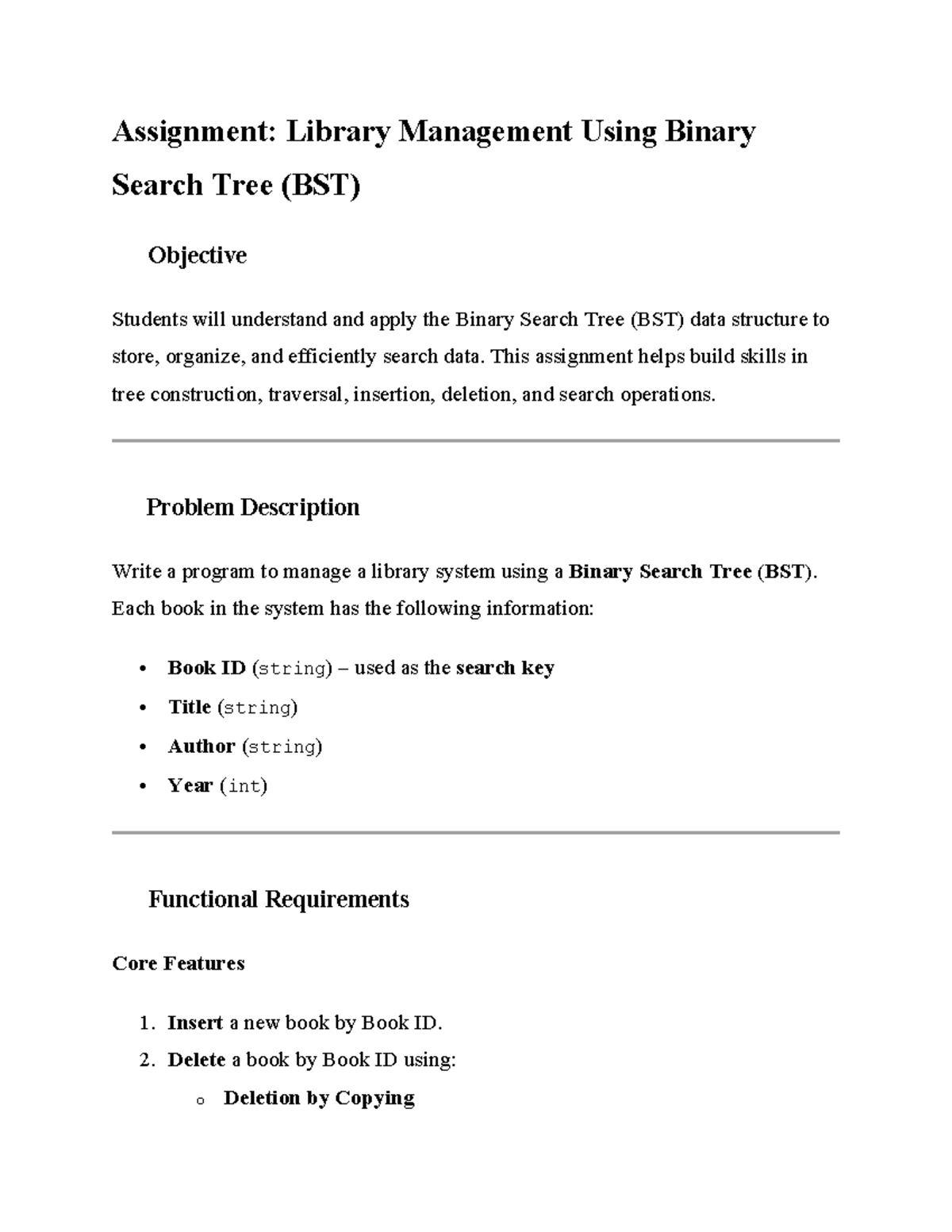 Assignment 02 - CSD: Library Management with BST Implementation - Studocu