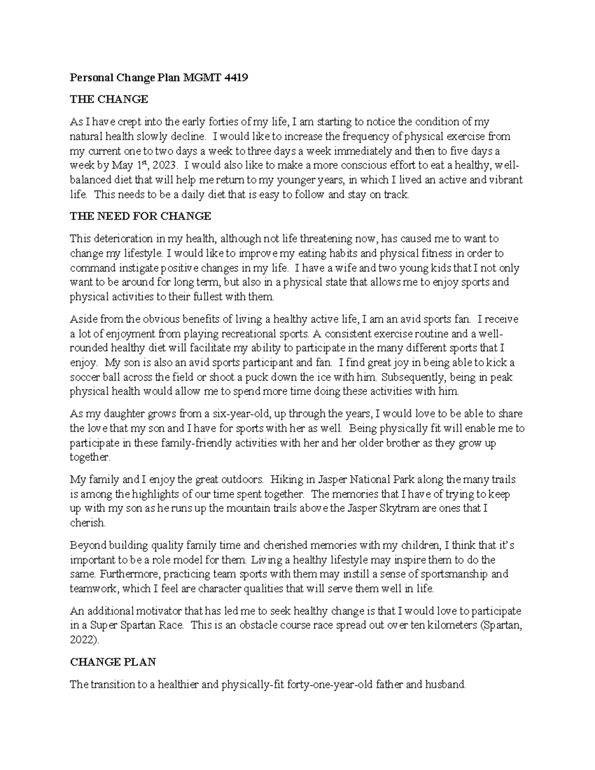 Personal Change Plan for Health Improvement MGMT 4419 - Studocu