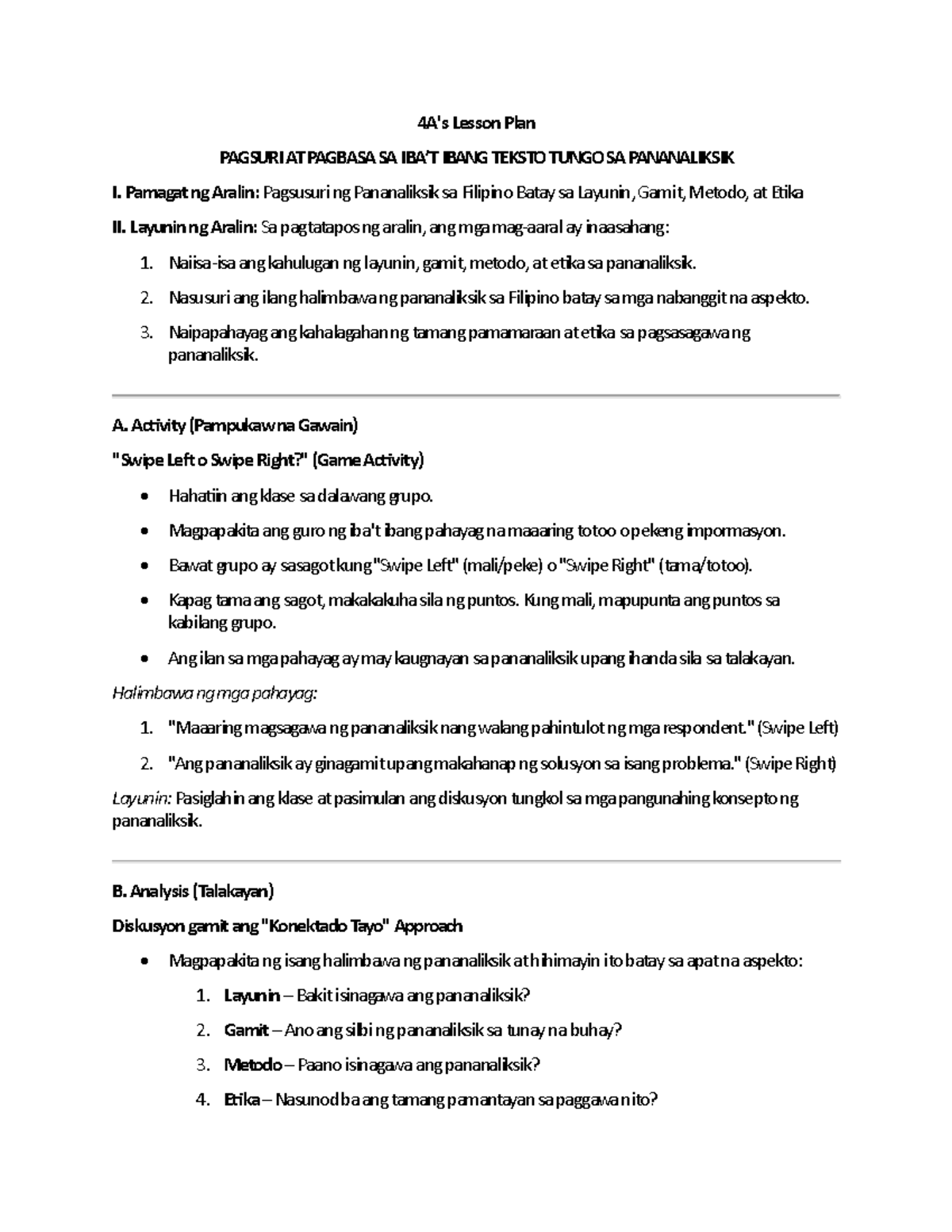 4A's Lesson Plan: Pagsuri at Pagbasa ng Iba't Ibang Teksto sa ...