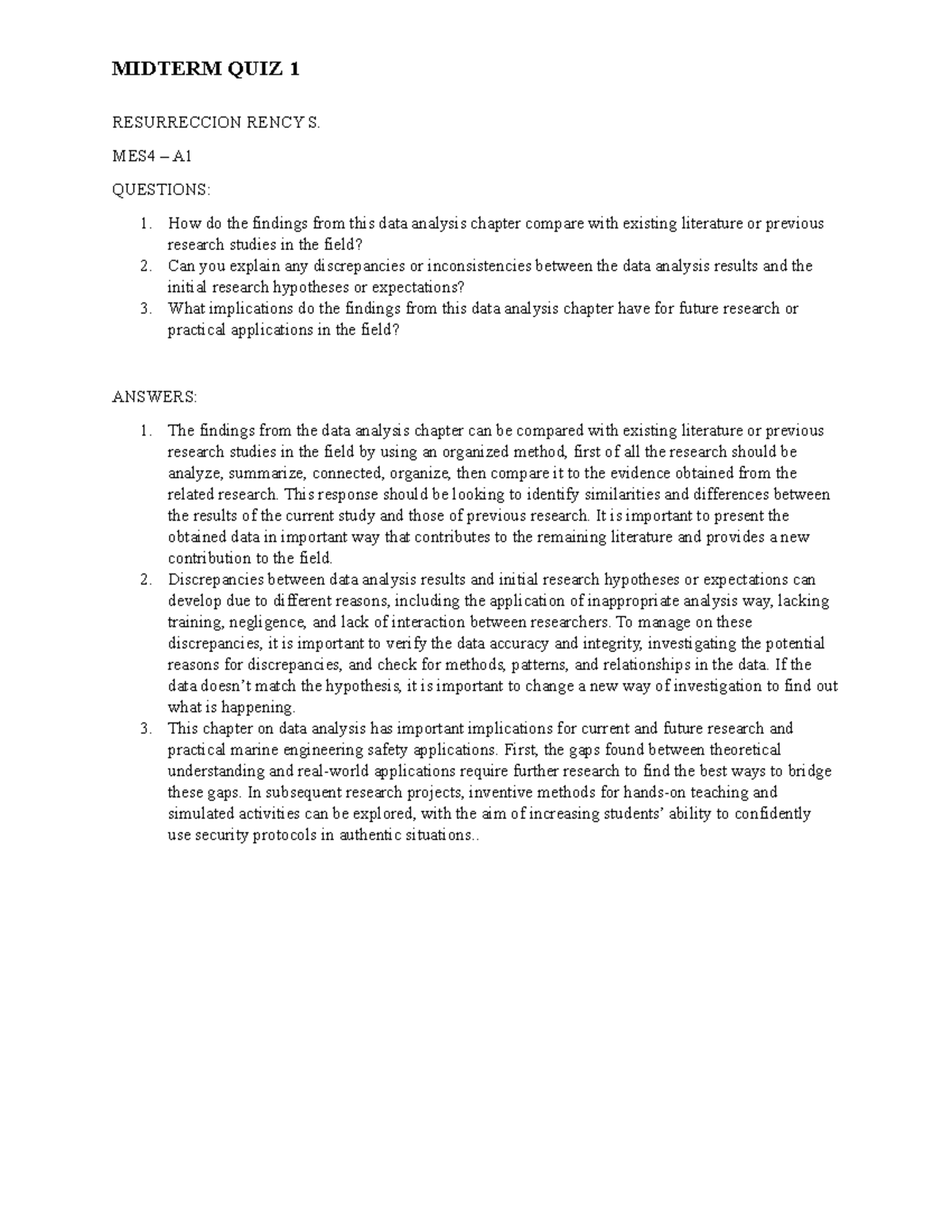 MIDTERM QUIZ 1 - DATA ANALYSIS COMPARISONS & IMPLICATIONS FOR RESEARCH ...